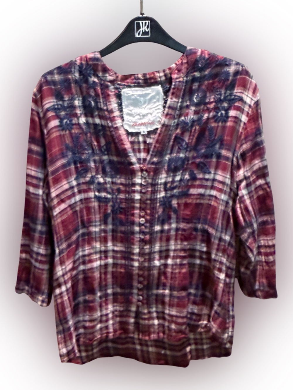 Johnny Was  Burgundy Plaid  Navy Embroidered Detail size Small
